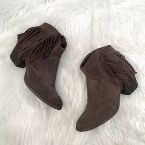 Marc Fisher Sade Suede Brown Fringe Ankle Boots